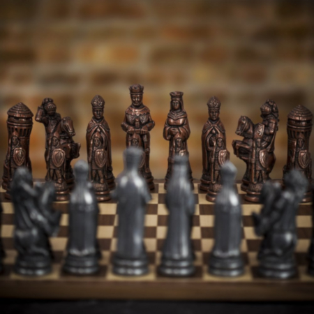 Berkeley Chess  Pewter and Copper Camelot Chess Pieces - X Large