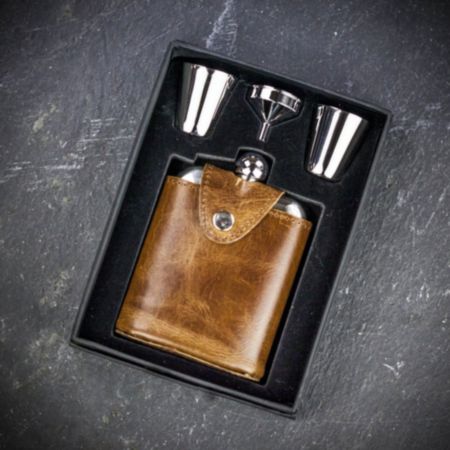 Pinder Brothers Stainless Steel Hip Flask in Brown Leather Pouch Set - 6oz
