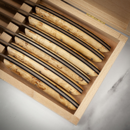 Claude Dozorme Le Thiers Platine Collection, Box 6 Steak Knives - Birch &amp; Black Handle