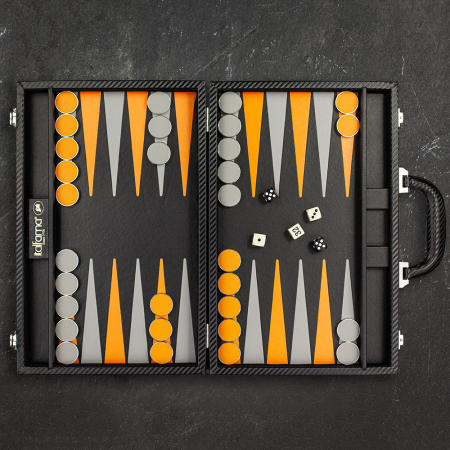 Italfama Backgammon Set Carbon Black/Orange Leatherette - Medium