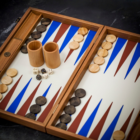 Manopoulos Inlaid Beige and Royal Blue Leatherette Backgammon Set - Tournament