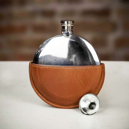 English Pewter Co Pewter Ellipse Flask with Leather Pouch - 5.5oz