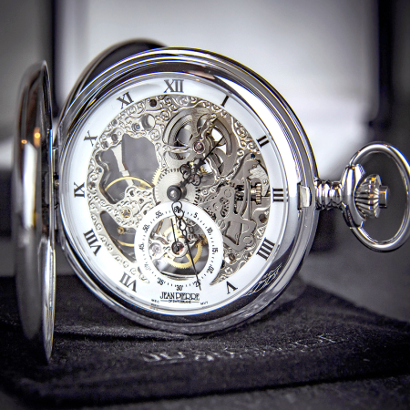 Jean Pierre Double Hunter Skeleton Pocket Watch with Seconds Dial