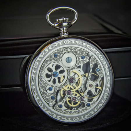 Jean Pierre Open Face Skeleton Pocket Watch - Chrome Plated