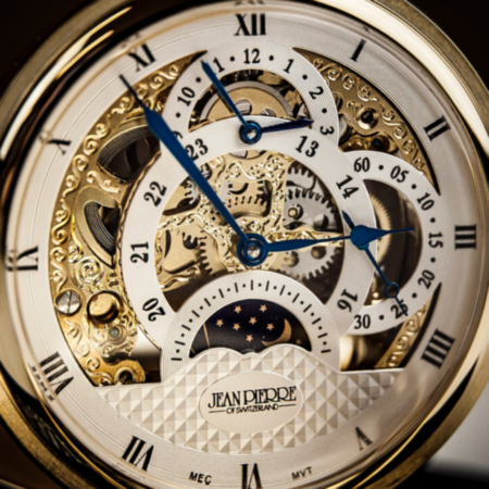 Jean Pierre Double Hunter Multi Dial Skeleton Pocket Watch - Gold Plated