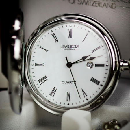 Jean Pierre Full Hunter Pocket Watch with Date - Chrome Plated 