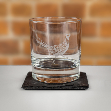 Just Slate Pheasant Engraved Style Glass Tumbler with Slate Coaster Gift Set