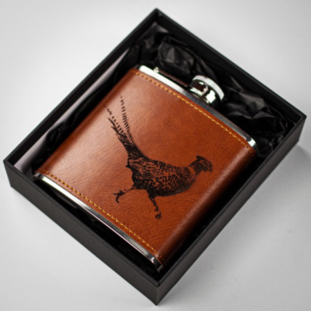 Just Slate Pheasant Engraved Leather Wrapped Hipflask 