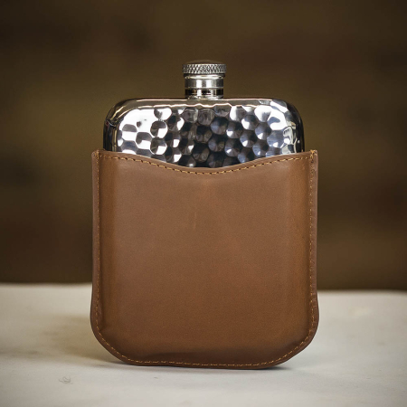 English Pewter Co Pewter Hammered Hip Flask with Brown Leather Sleeve - 6oz