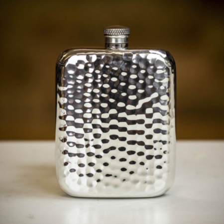 English Pewter Co Pewter Hammered Hip Flask with Brown Leather Sleeve - 6oz