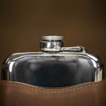 English Pewter Co Pewter Captive Top Hip Flask with Brown Leather Sleeve - 6oz