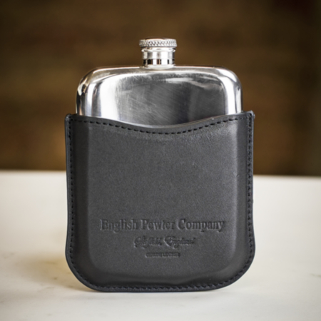 English Pewter Co Pewter Hip Flask with Black Leather Sleeve - 6oz