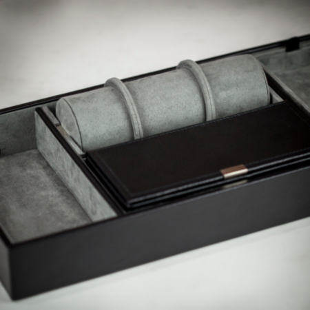 WOLF Sleek Leather Valet Tray With Watch Roll - Black